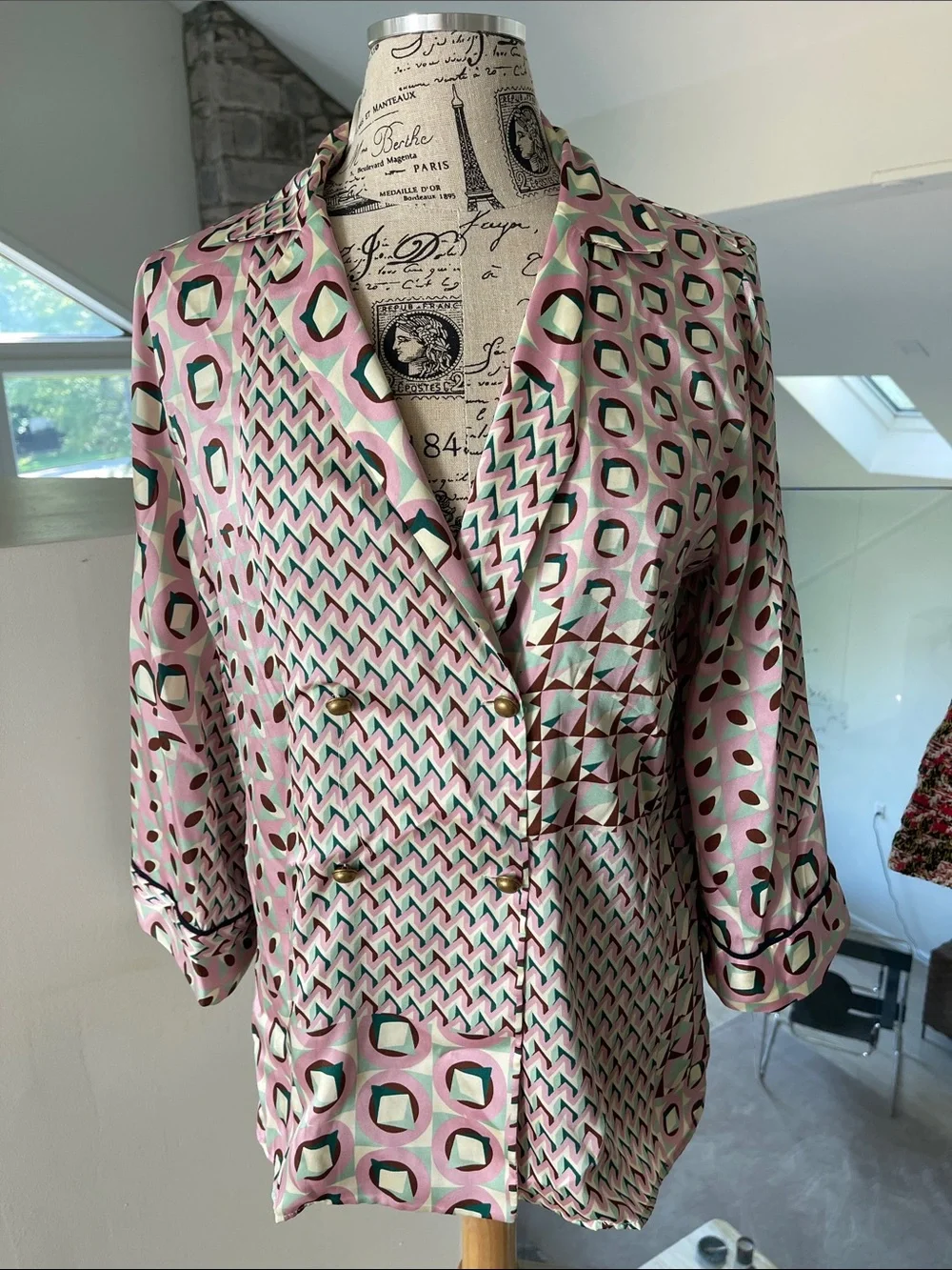 Zara Pink Geometric Double-Breasted Blazer